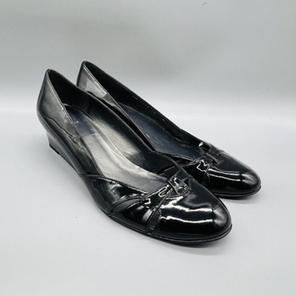 Stuart Weitzman Shoes Womens 10 Black Patent Leather Wedge Bow Pumps FW12479
